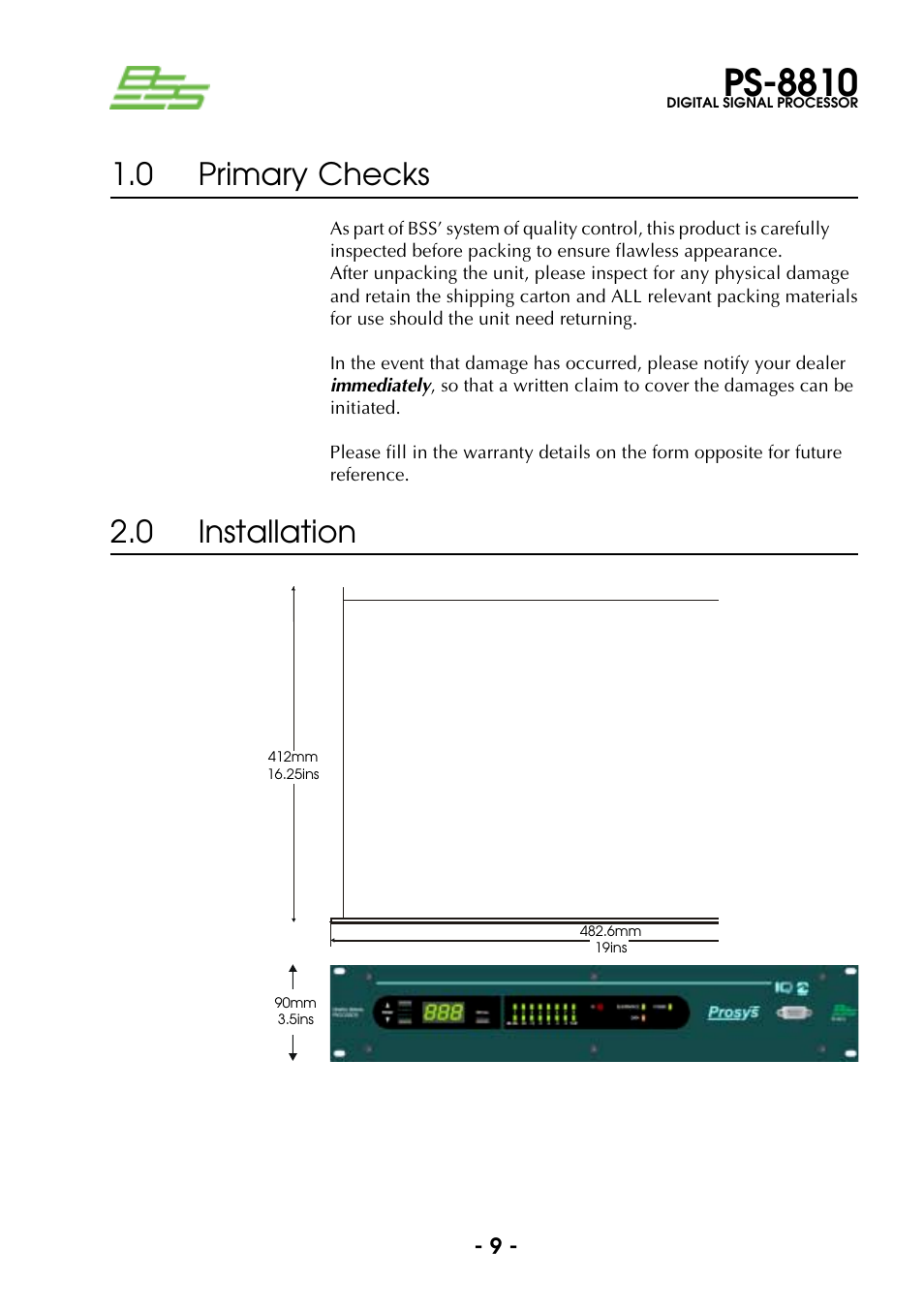 0 primary checks, 0 installation, 0 primary checks 2.0 installation | Ps-8810 | BSS Audio Prosys PS-8810 Owner's Manual User Manual | Page 9 / 121