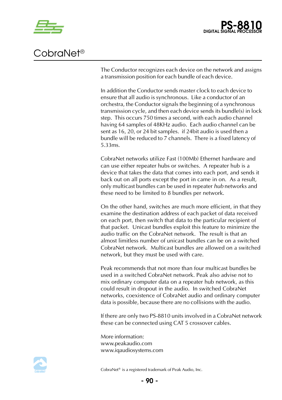 Ps-8810, Cobranet | BSS Audio Prosys PS-8810 Owner's Manual User Manual | Page 90 / 121