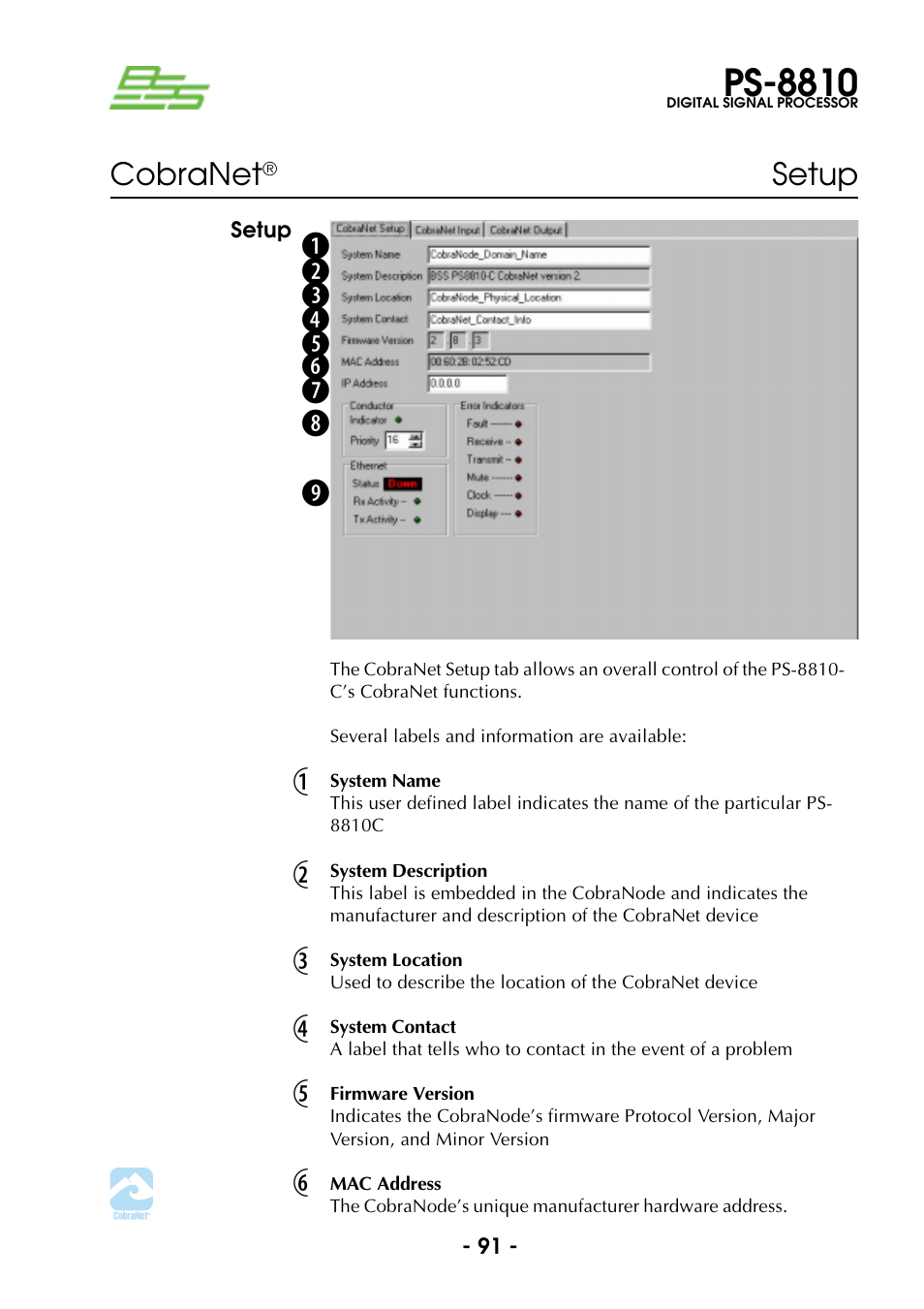 Setup, System name, System description | System location, System contact, Firmware version, Mac address, Ps-8810 | BSS Audio Prosys PS-8810 Owner's Manual User Manual | Page 91 / 121