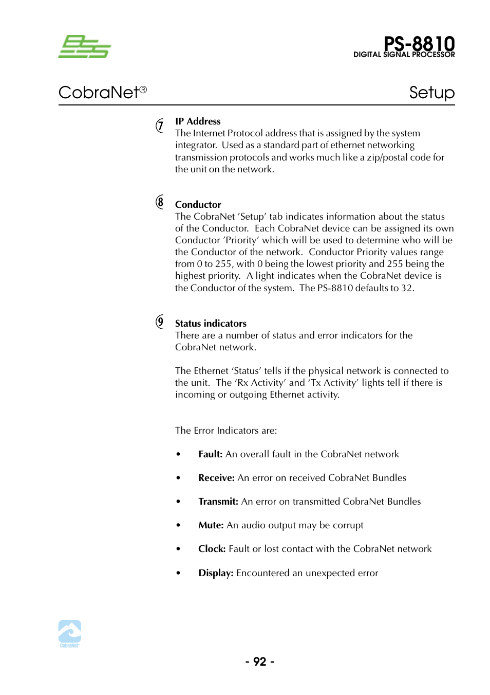 Ip address, Conductor, Status indicators | Ip address conductor status indicators, Ps-8810, Cobranet, Setup | BSS Audio Prosys PS-8810 Owner's Manual User Manual | Page 92 / 121