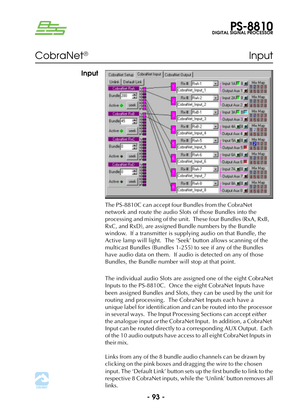 Input, Ps-8810, Cobranet | BSS Audio Prosys PS-8810 Owner's Manual User Manual | Page 93 / 121