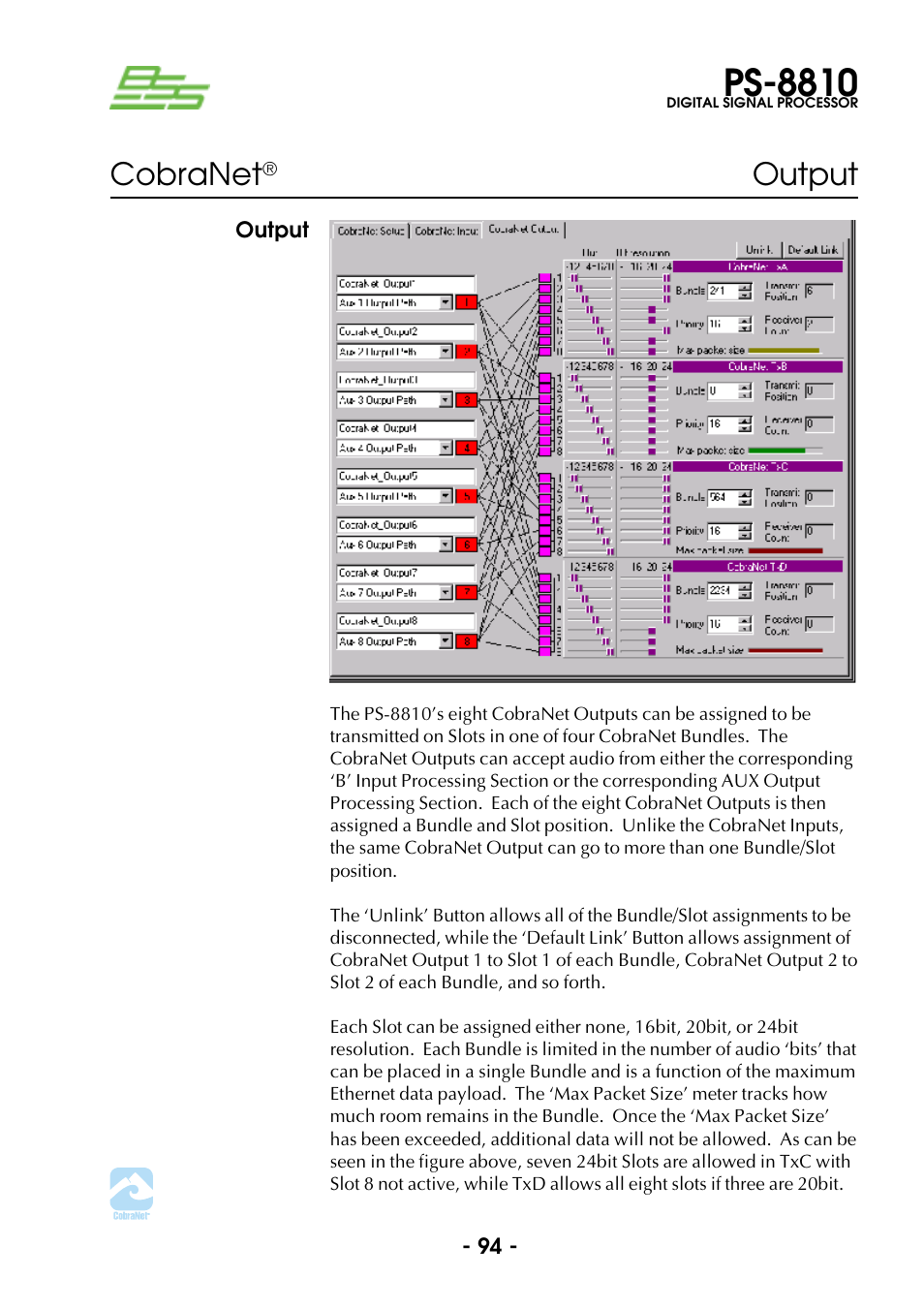Output, Ps-8810, Cobranet | BSS Audio Prosys PS-8810 Owner's Manual User Manual | Page 94 / 121