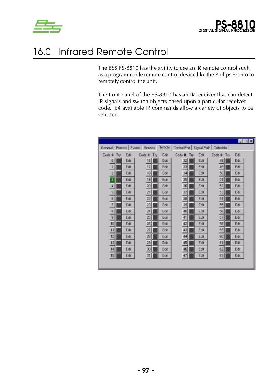 0 infrared remote control, Ps-8810 | BSS Audio Prosys PS-8810 Owner's Manual User Manual | Page 97 / 121