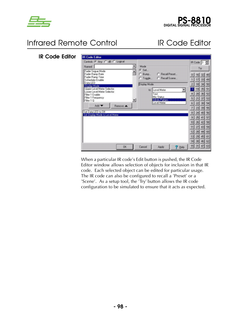 Ir code editor, Ps-8810, Infrared remote control ir code editor | BSS Audio Prosys PS-8810 Owner's Manual User Manual | Page 98 / 121