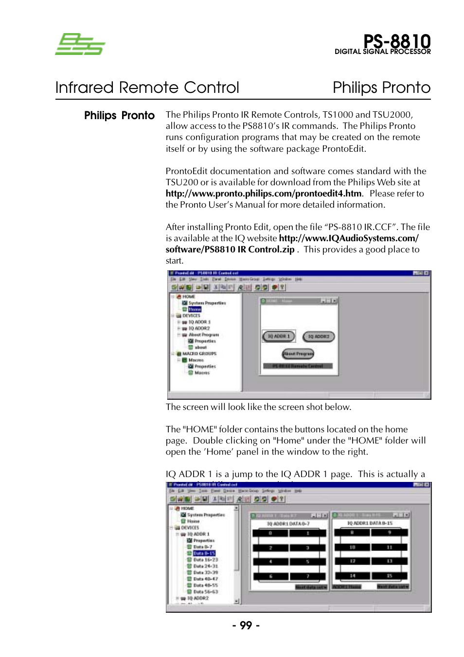 Infrared remote control, Ps-8810, Infrared remote control philips pronto | BSS Audio Prosys PS-8810 Owner's Manual User Manual | Page 99 / 121