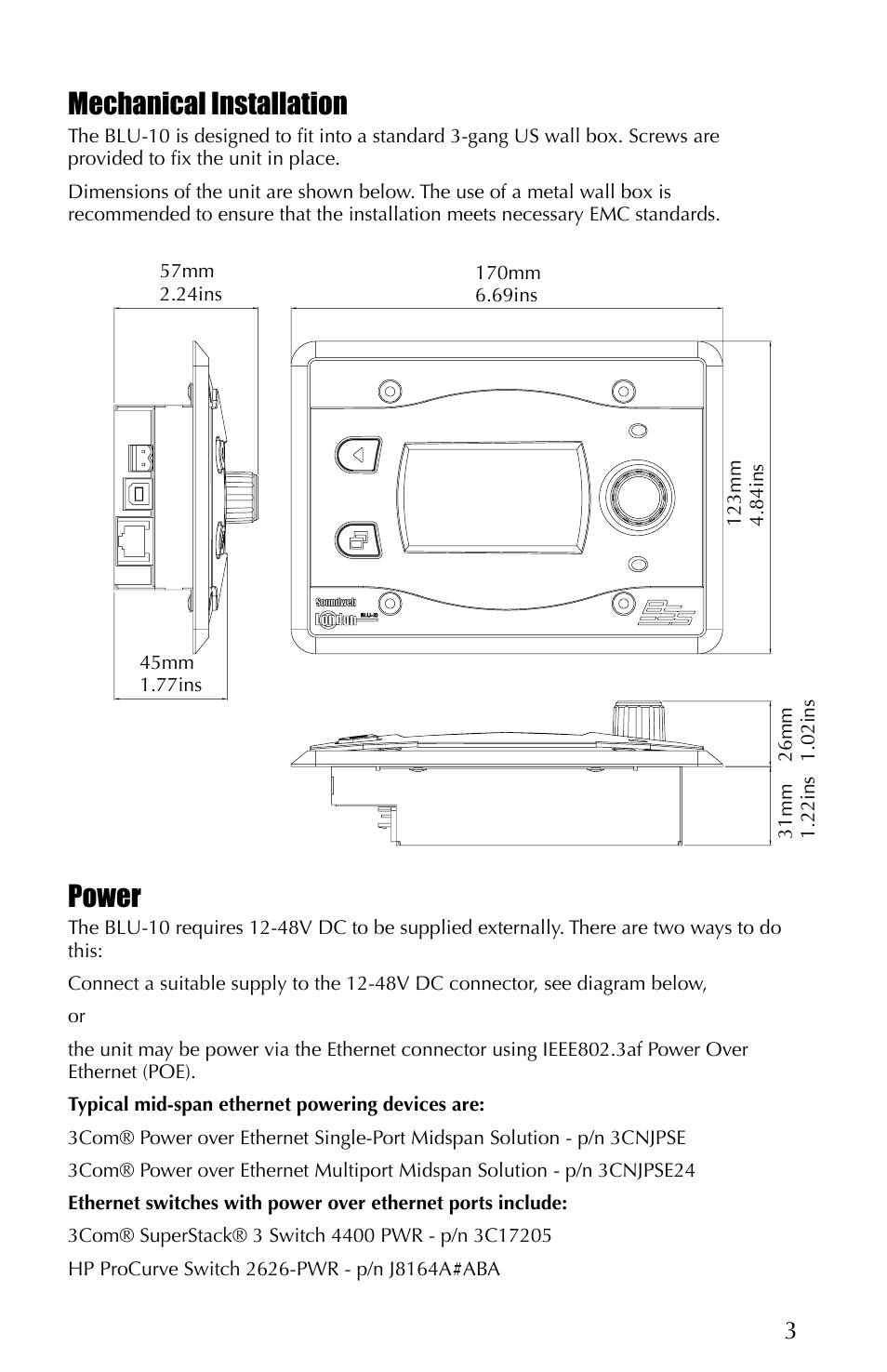 Mechanical installation, Power | BSS Audio BLU-10 Install Guide User Manual | Page 3 / 4