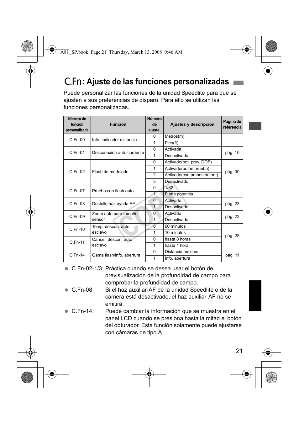 Cop y, C: ajuste de las funciones personalizadas | Canon Speedlite 430EX II User Manual | Page 102 / 122