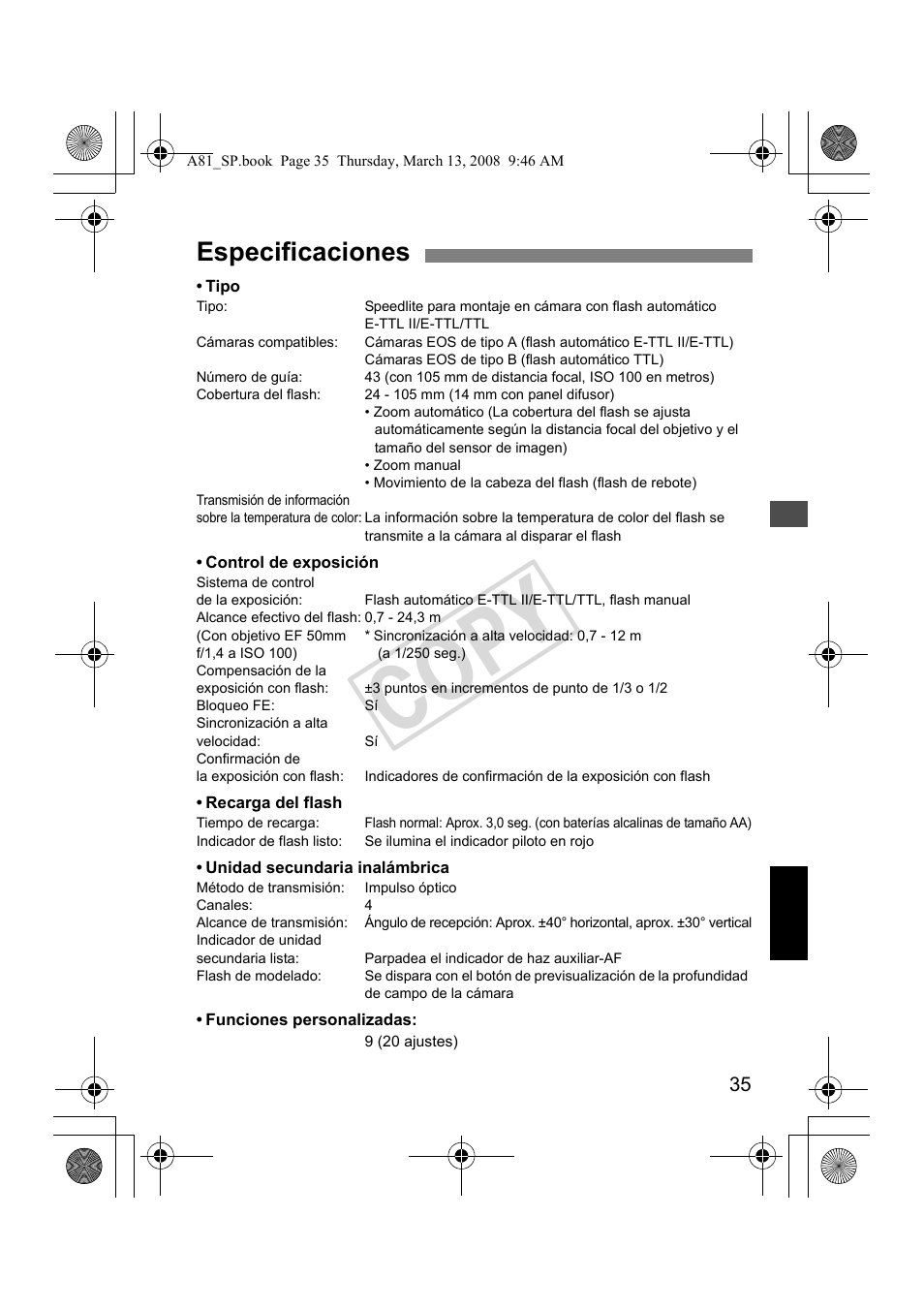 Cop y, Especificaciones | Canon Speedlite 430EX II User Manual | Page 116 / 122
