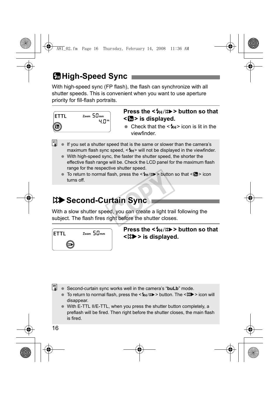 Cop y, Chigh-speed sync, Rsecond-curtain sync | Canon Speedlite 430EX II User Manual | Page 17 / 122