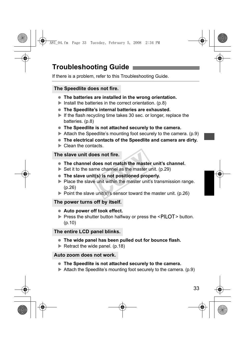 Cop y, Troubleshooting guide | Canon Speedlite 430EX II User Manual | Page 34 / 122