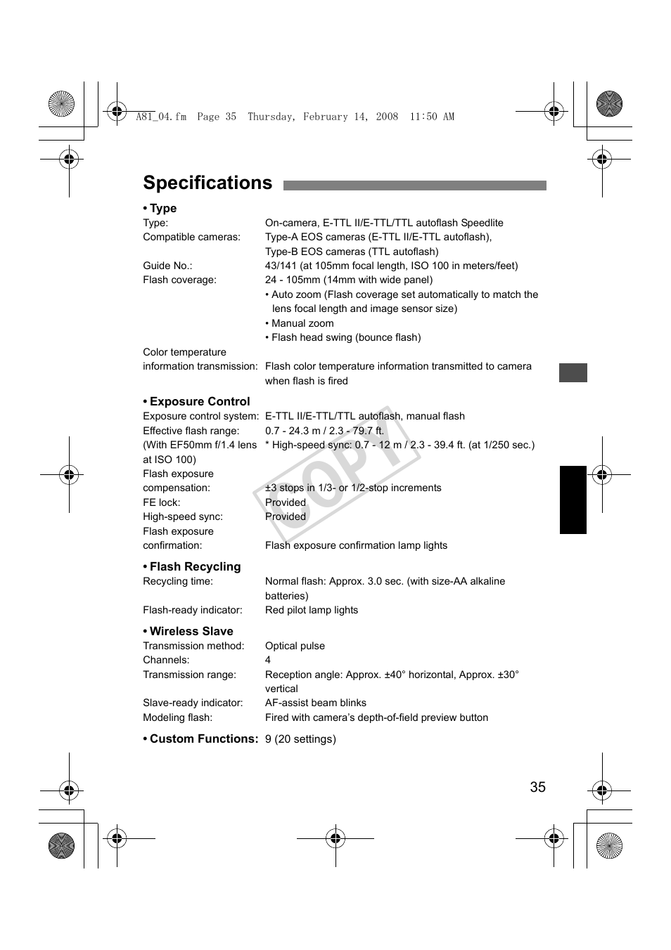 Cop y, Specifications | Canon Speedlite 430EX II User Manual | Page 36 / 122