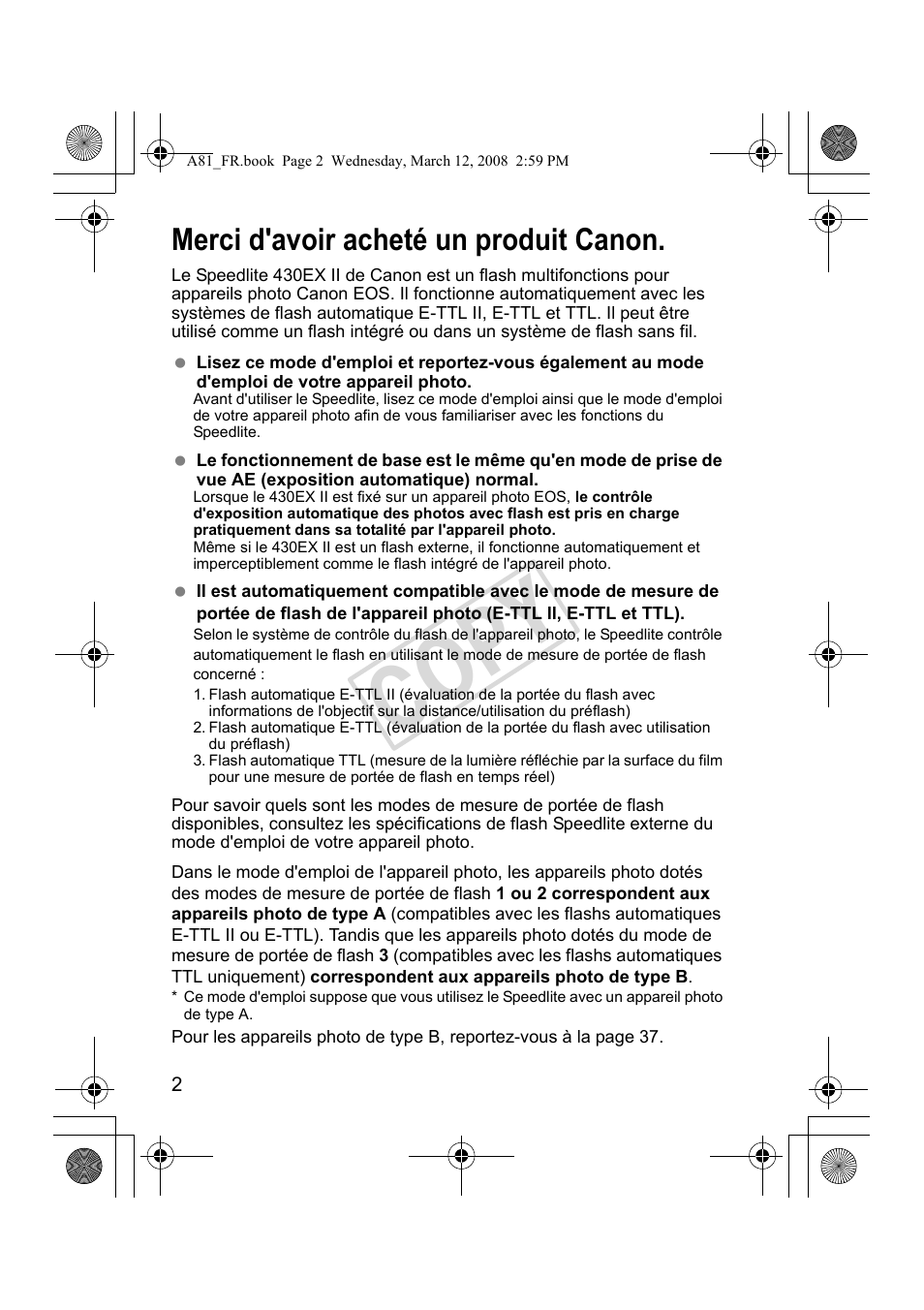 Cop y, Merci d'avoir acheté un produit canon | Canon Speedlite 430EX II User Manual | Page 43 / 122