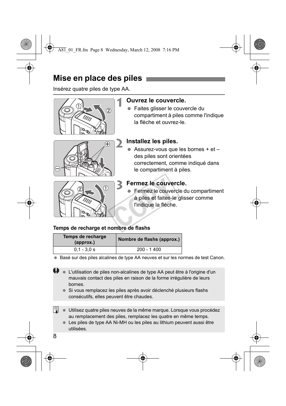 Cop y, Mise en place des piles | Canon Speedlite 430EX II User Manual | Page 49 / 122