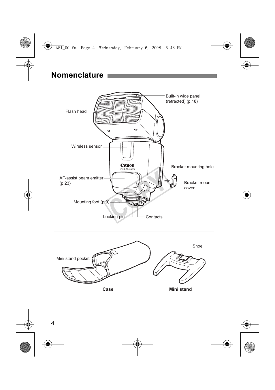 Cop y, Nomenclature | Canon Speedlite 430EX II User Manual | Page 5 / 122