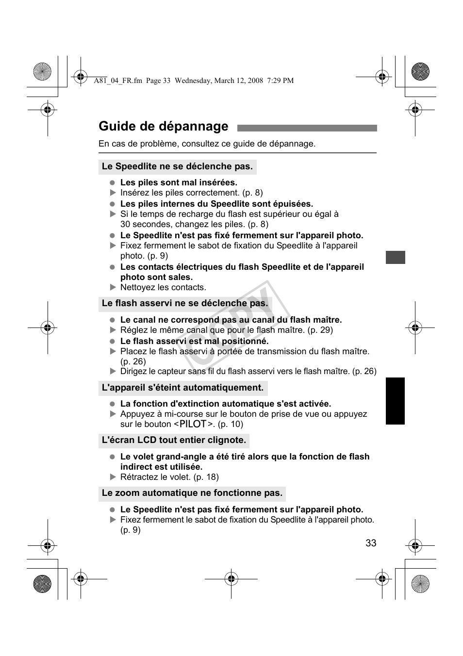 Cop y, Guide de dépannage | Canon Speedlite 430EX II User Manual | Page 74 / 122