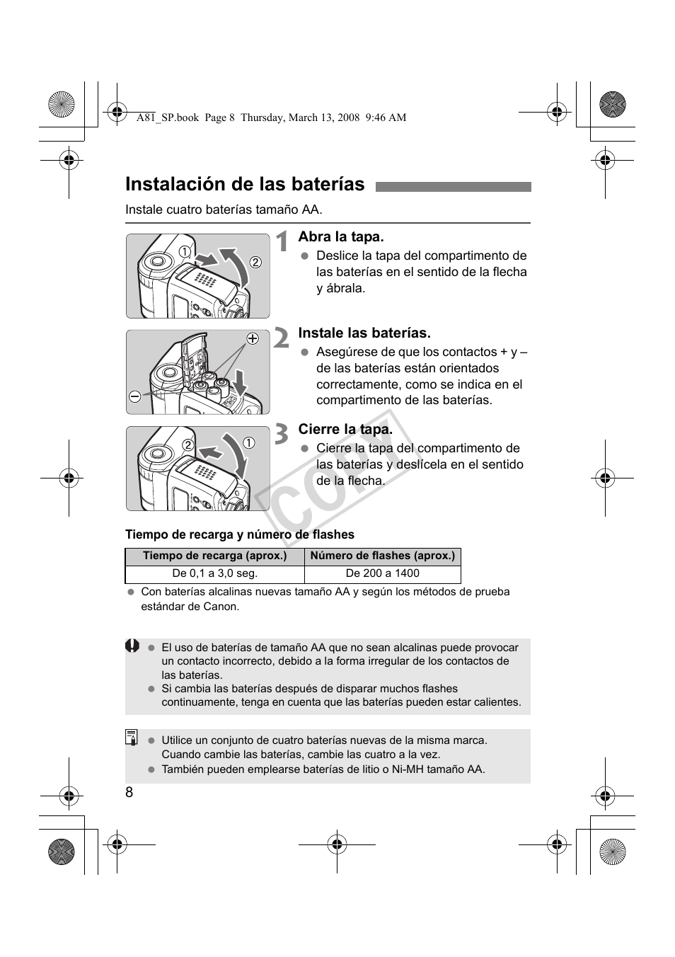 Cop y, Instalación de las baterías | Canon Speedlite 430EX II User Manual | Page 89 / 122
