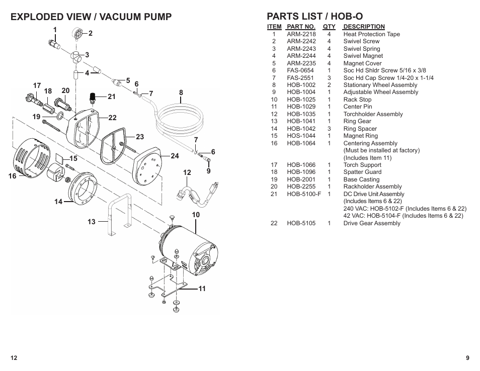 Exploded view / vacuum pump, Parts list / hob-o | BUG-O Systems HOB-O User Manual | Page 12 / 18