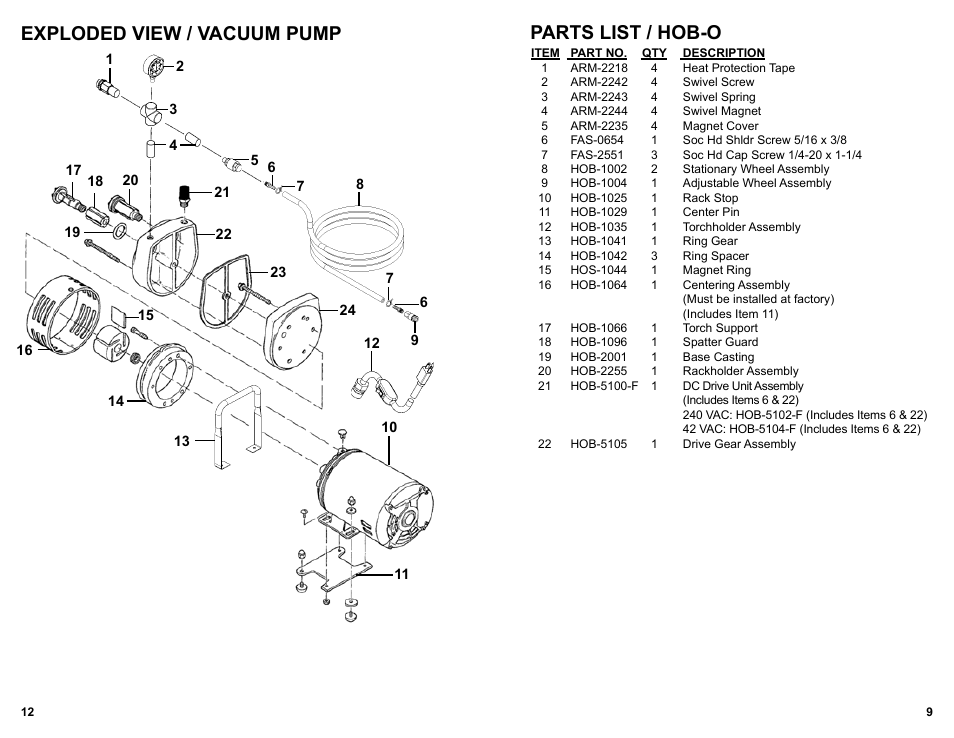 Parts list / hob-o, Exploded view / vacuum pump | BUG-O Systems HOB-O User Manual | Page 9 / 18