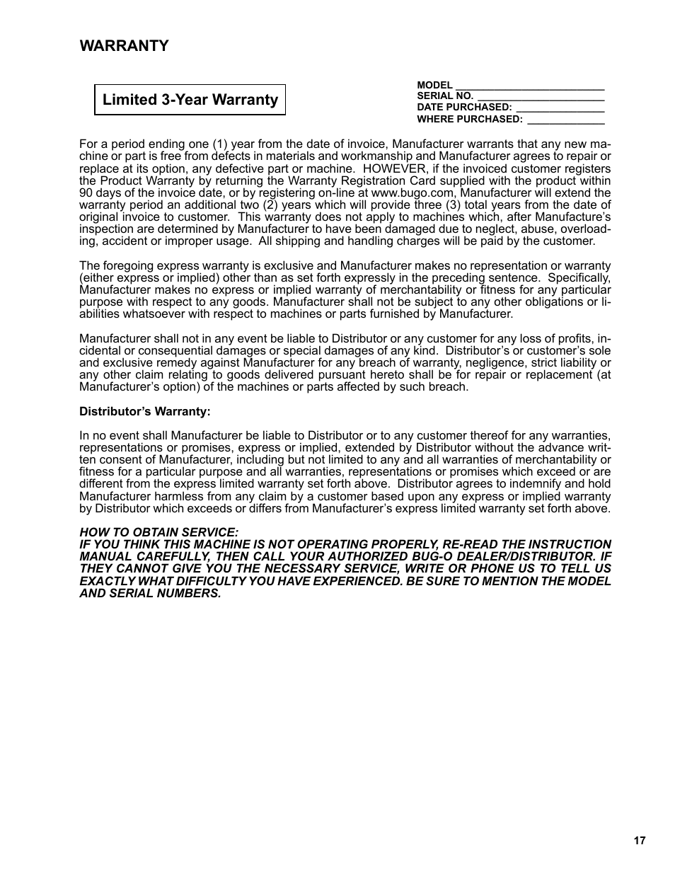 Warranty, Warranty limited 3-year warranty | BUG-O Systems Side Beam System User Manual | Page 17 / 17