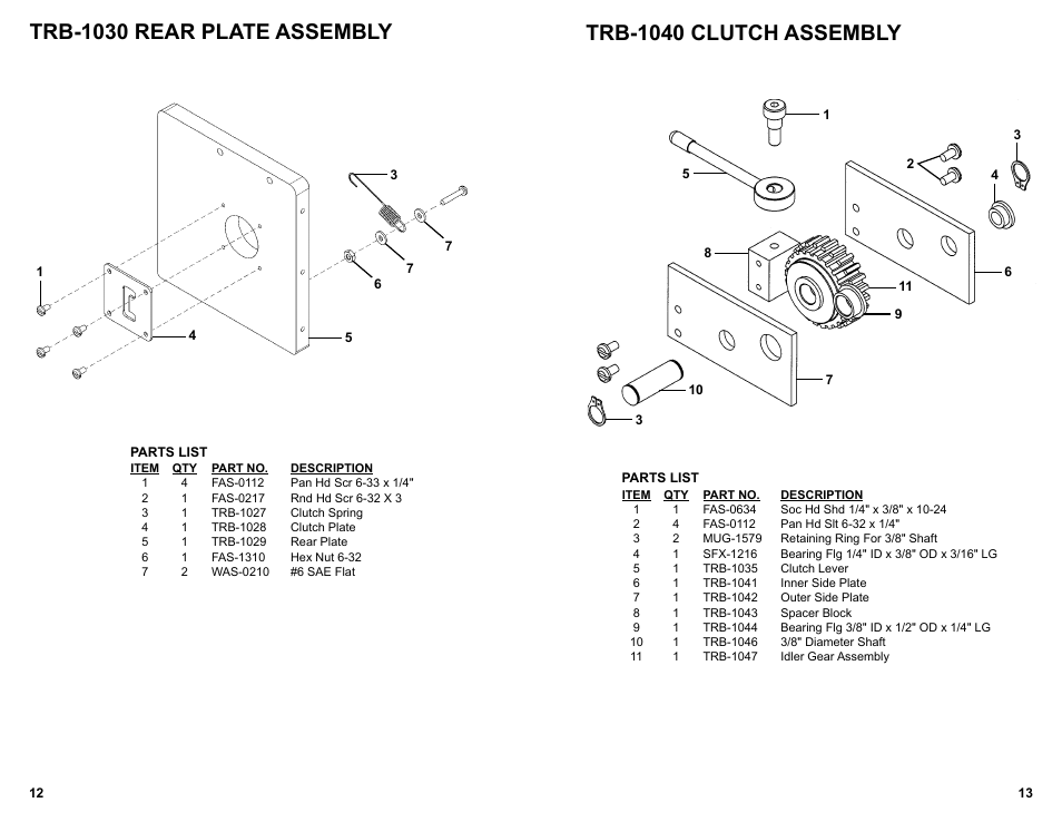 Trb-1030 rear plate assembly, Trb-1040 clutch assembly | BUG-O Systems Trac-Bug User Manual | Page 12 / 21