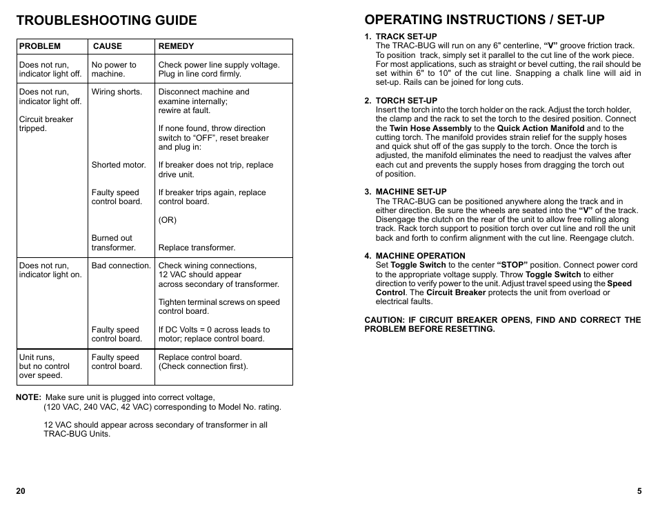 Operating instructions / set-up, Troubleshooting guide | BUG-O Systems Trac-Bug User Manual | Page 4 / 21