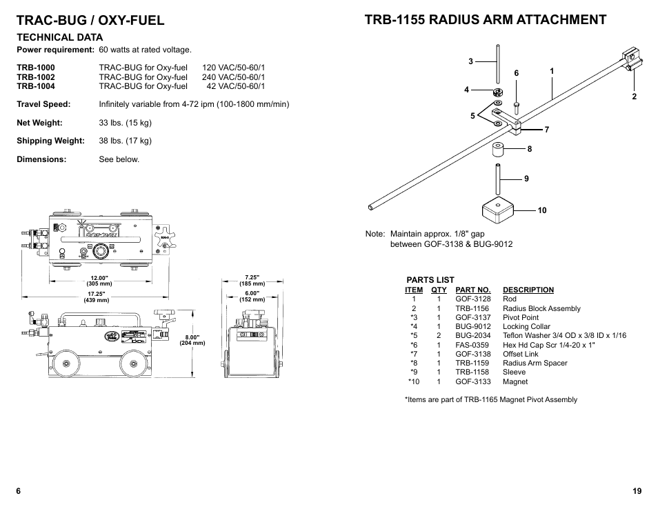 Trac-bug / oxy-fuel / technical data, Trac-bug / oxy-fuel, Trb-1155 radius arm attachment | BUG-O Systems Trac-Bug User Manual | Page 5 / 21