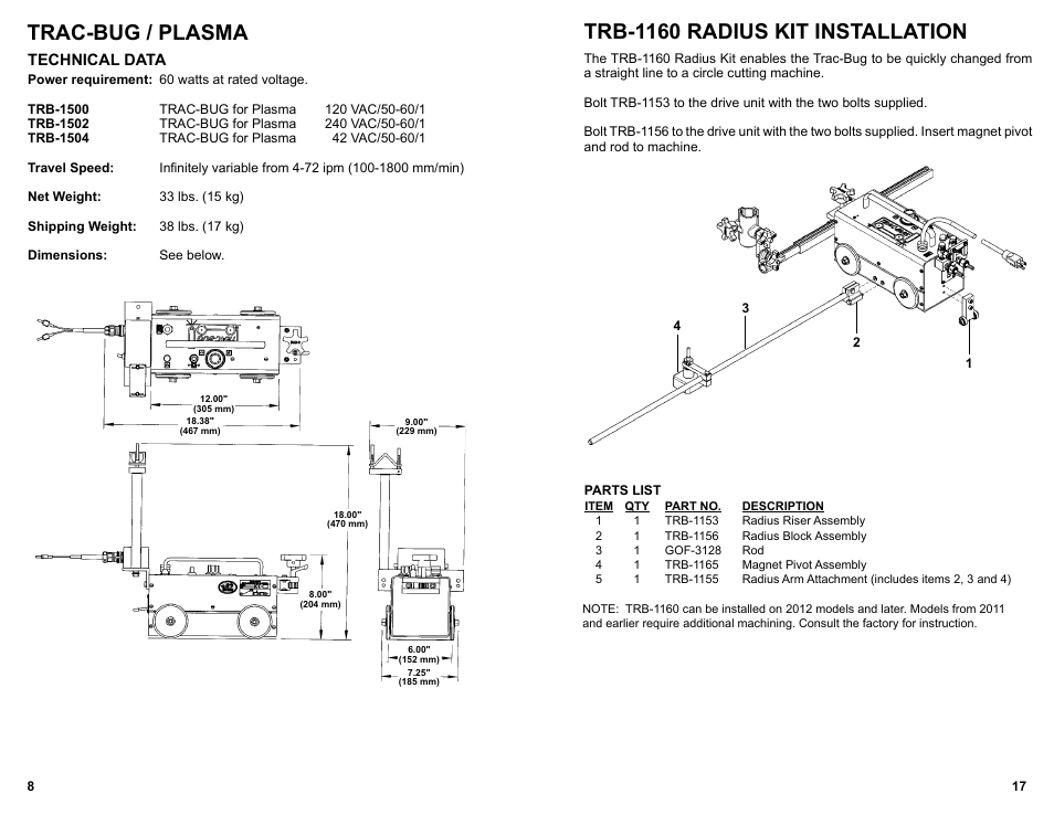 Trac-bug / plasma / technical data, Trac-bug / plasma, Trb-1160 radius kit installation | BUG-O Systems Trac-Bug User Manual | Page 7 / 21