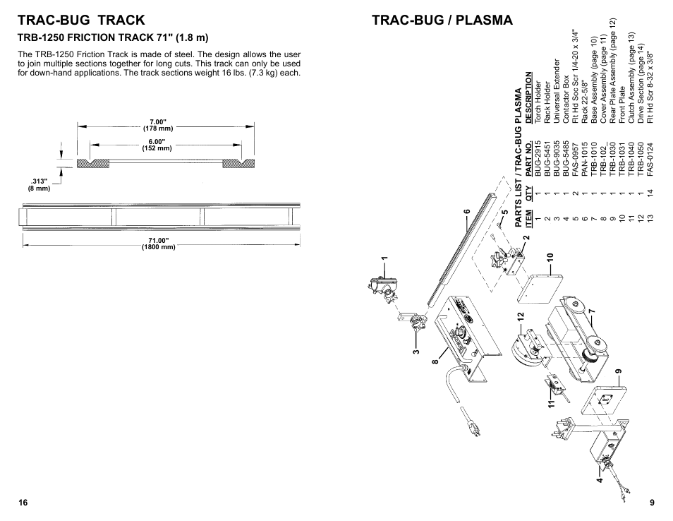 Trac-bug / plasma / exploded view / parts list, Trac-bug / plasma, Trac-bug track | BUG-O Systems Trac-Bug User Manual | Page 8 / 21