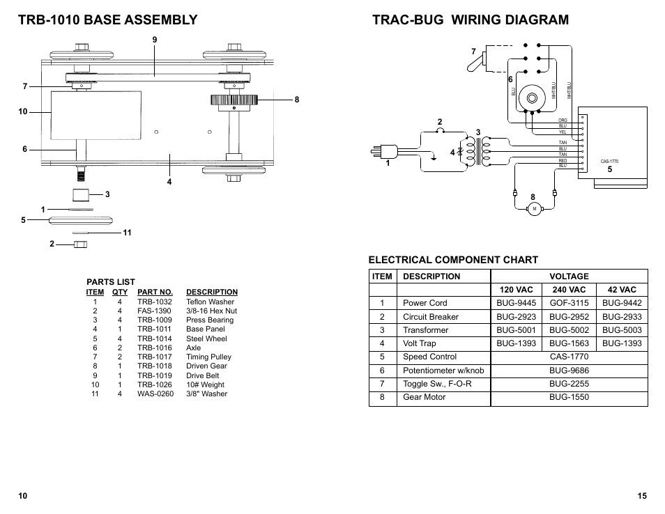 Trb-1010 base assembly, Trac-bug wiring diagram, Electrical component chart | BUG-O Systems Trac-Bug User Manual | Page 9 / 21