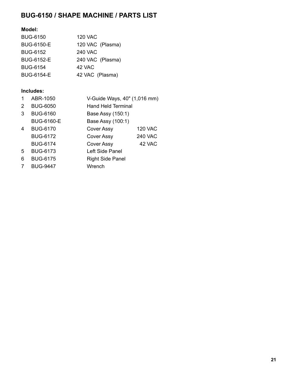 Bug-6150 / shape machine / parts list | BUG-O Systems Programmable Shape Machine User Manual | Page 21 / 31