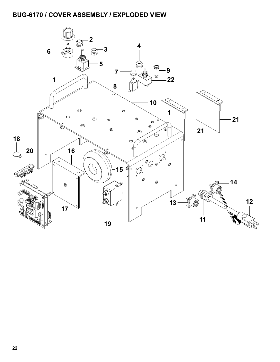 Bug-6170 / cover assembly / exploded view | BUG-O Systems Programmable Shape Machine User Manual | Page 22 / 31