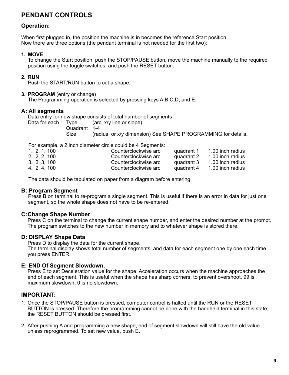 Pendant controls | BUG-O Systems Programmable Shape Machine User Manual | Page 9 / 31