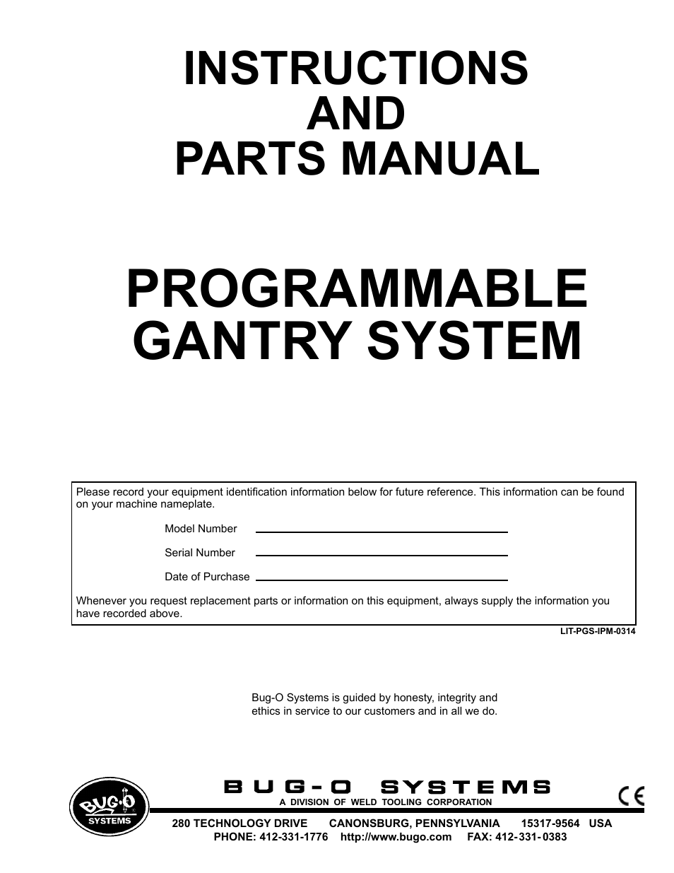 BUG-O Systems Programmable Gantry System User Manual | 36 pages