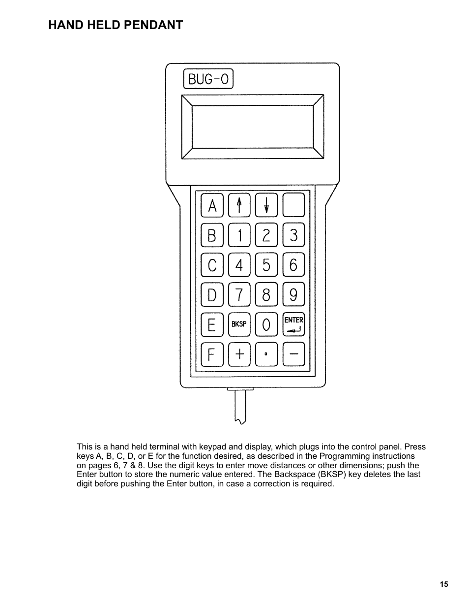 Hand held pendant | BUG-O Systems Programmable Gantry System User Manual | Page 15 / 36