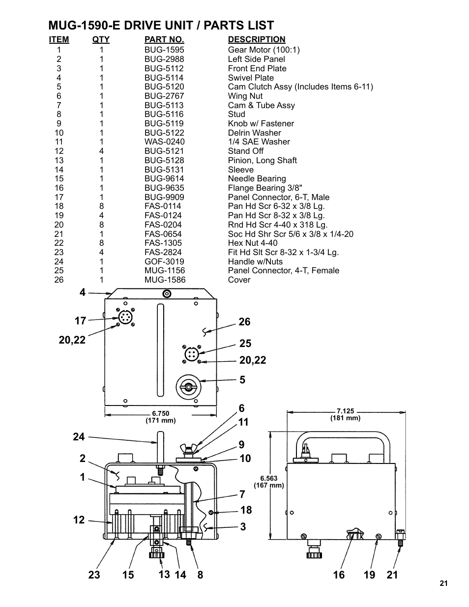 Mug-1590-e drive unit / parts list | BUG-O Systems Programmable Gantry System User Manual | Page 21 / 36