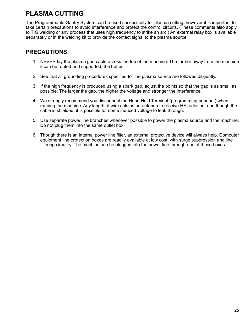 Plasma cutting, Precautions | BUG-O Systems Programmable Gantry System User Manual | Page 25 / 36