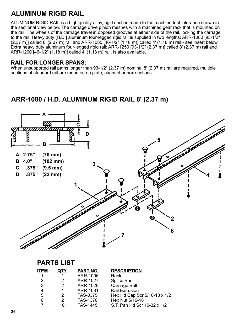 Aluminum rigid rail, Parts list | BUG-O Systems Programmable Gantry System User Manual | Page 26 / 36