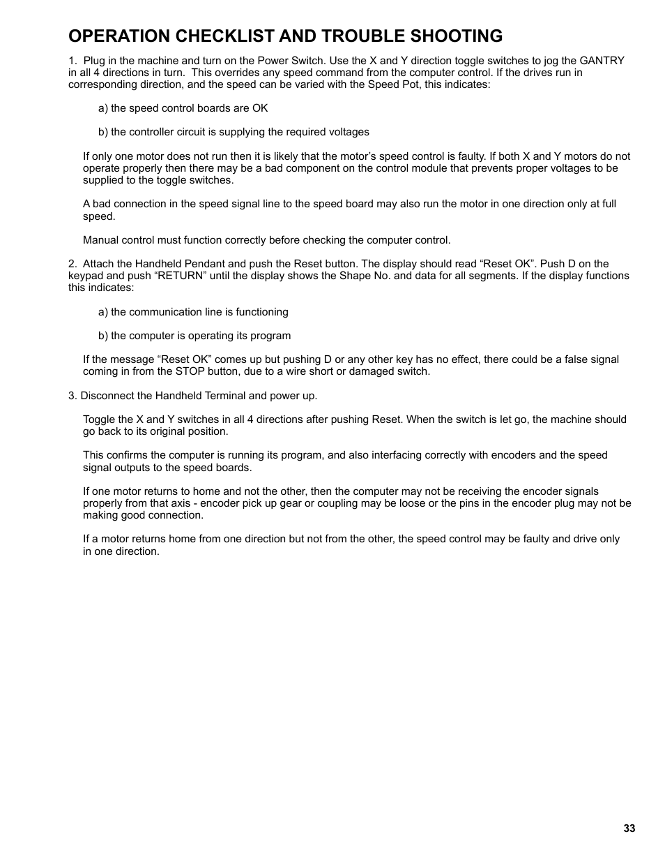 Operation checklist and troubleshooting, Operation checklist and trouble shooting | BUG-O Systems Programmable Gantry System User Manual | Page 33 / 36