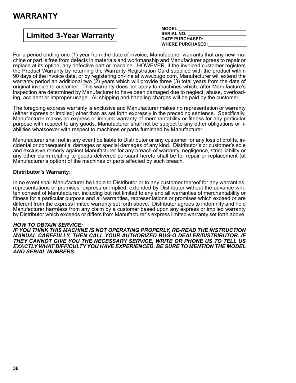 Warranty, Warranty limited 3-year warranty | BUG-O Systems Programmable Gantry System User Manual | Page 36 / 36