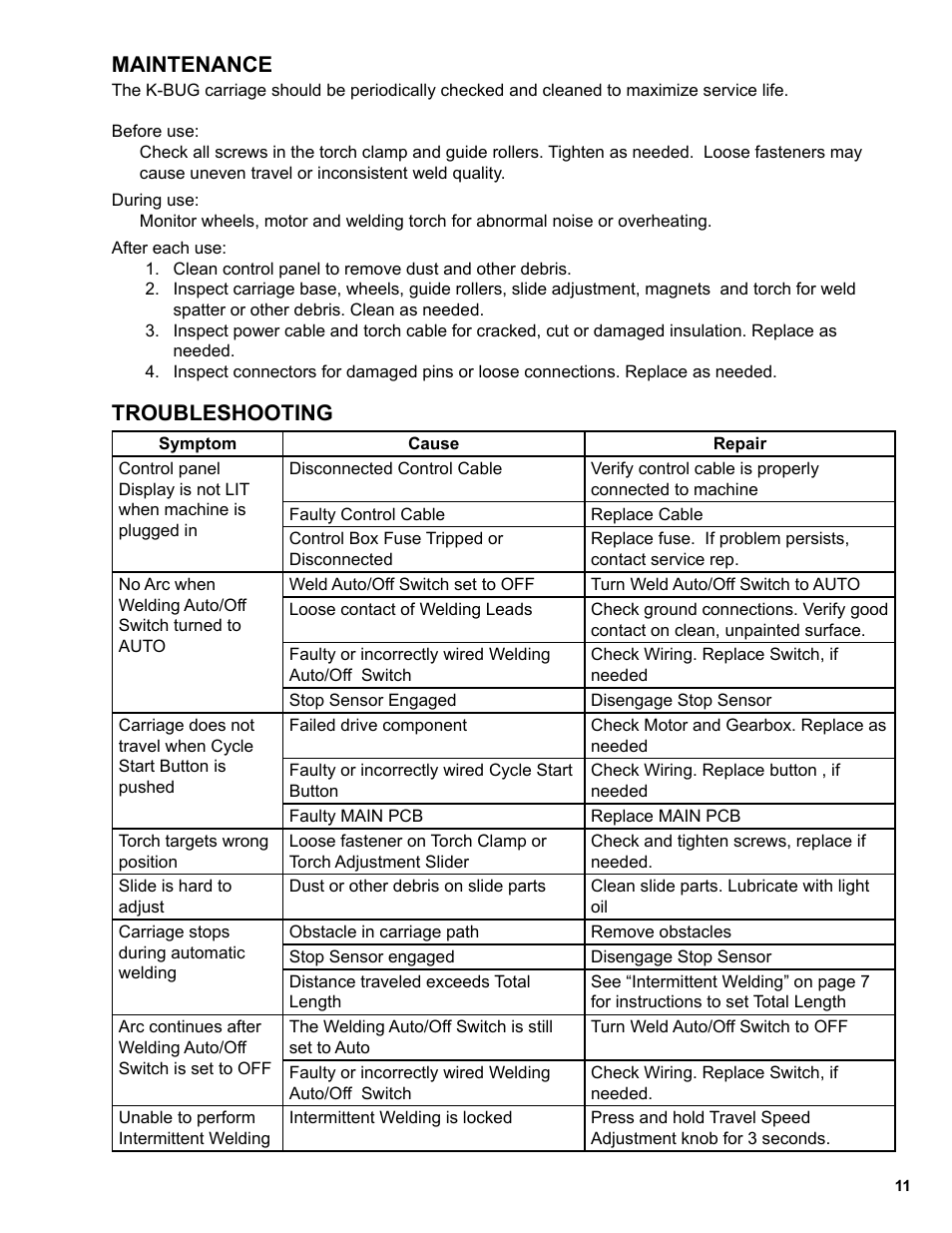11 .........maintenance, 11 .........troubleshooting, Maintenance | Troubleshooting | BUG-O Systems K-BUG 1200 User Manual | Page 11 / 21