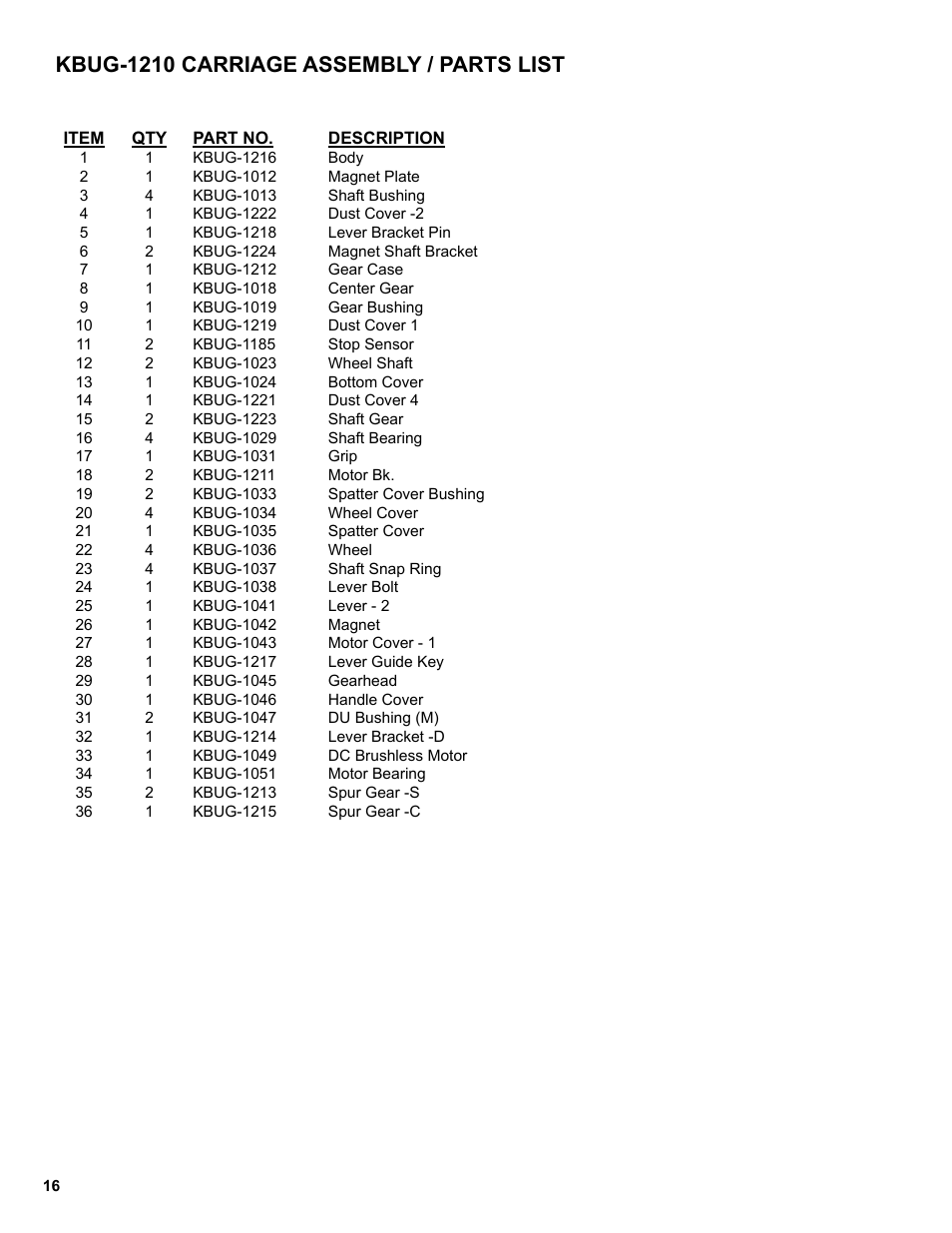 Kbug-1210 carriage assembly / parts list | BUG-O Systems K-BUG 1200 User Manual | Page 16 / 21