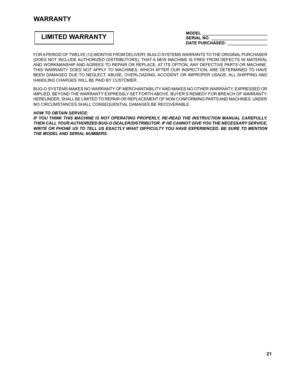 21 .........warranty, Warranty, Limited warranty | BUG-O Systems K-BUG 1200 User Manual | Page 21 / 21