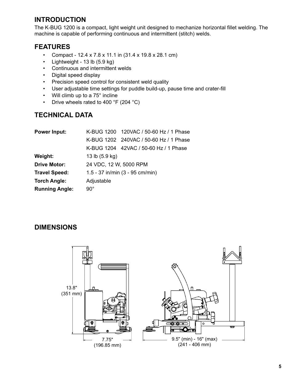 5 ..........introduction, 5 ..........features, 5 ..........technical data | 5 ..........dimensions, Introduction, Features, Technical data, Dimensions | BUG-O Systems K-BUG 1200 User Manual | Page 5 / 21