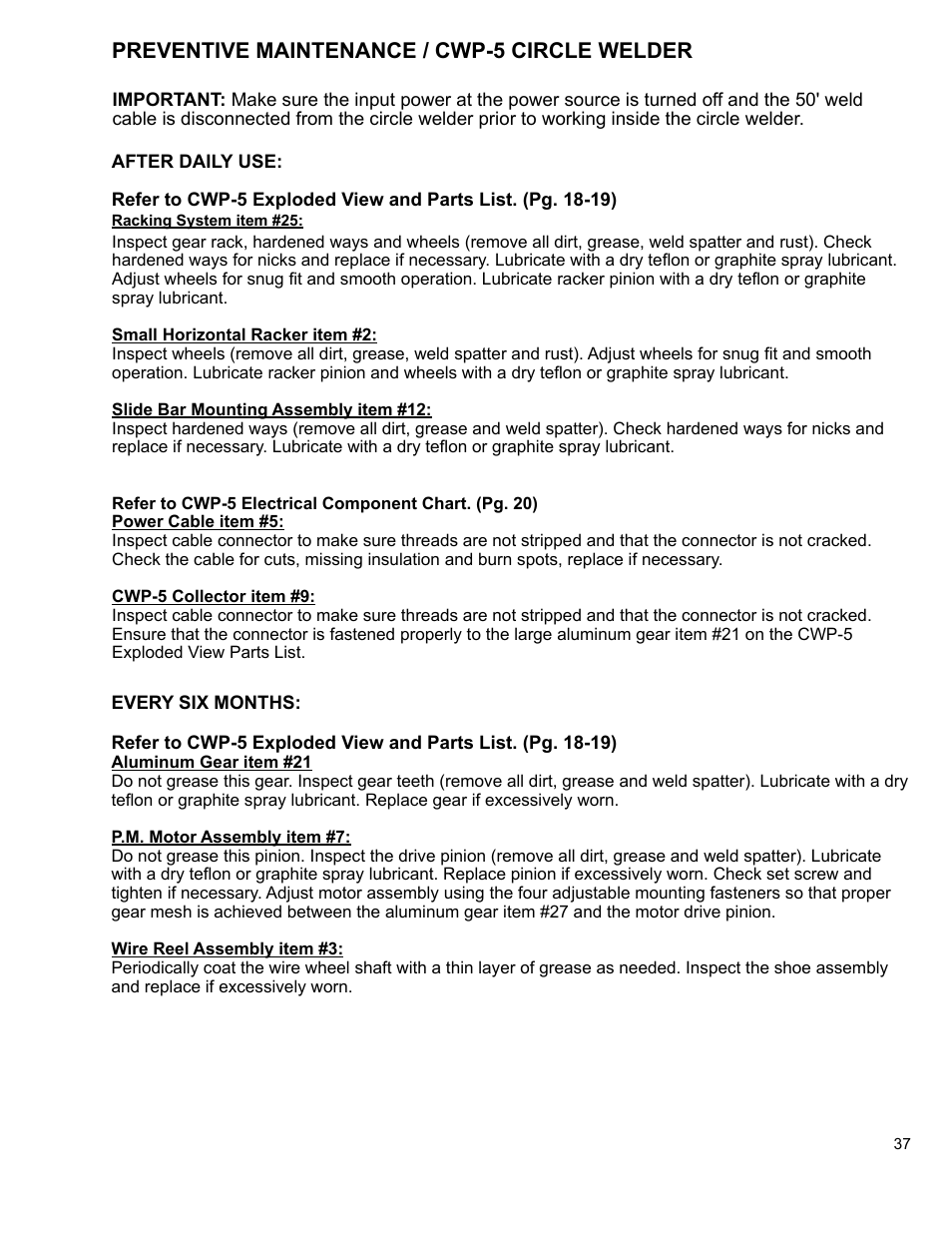 39 ...preventive maintenance / cwp-5 circle welder, Preventive maintenance / cwp-5 circle welder | BUG-O Systems CWP-5 User Manual | Page 37 / 40