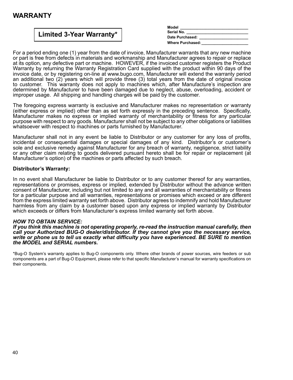 40 .......warranty, Warranty limited 3-year warranty | BUG-O Systems CWP-5 User Manual | Page 40 / 40