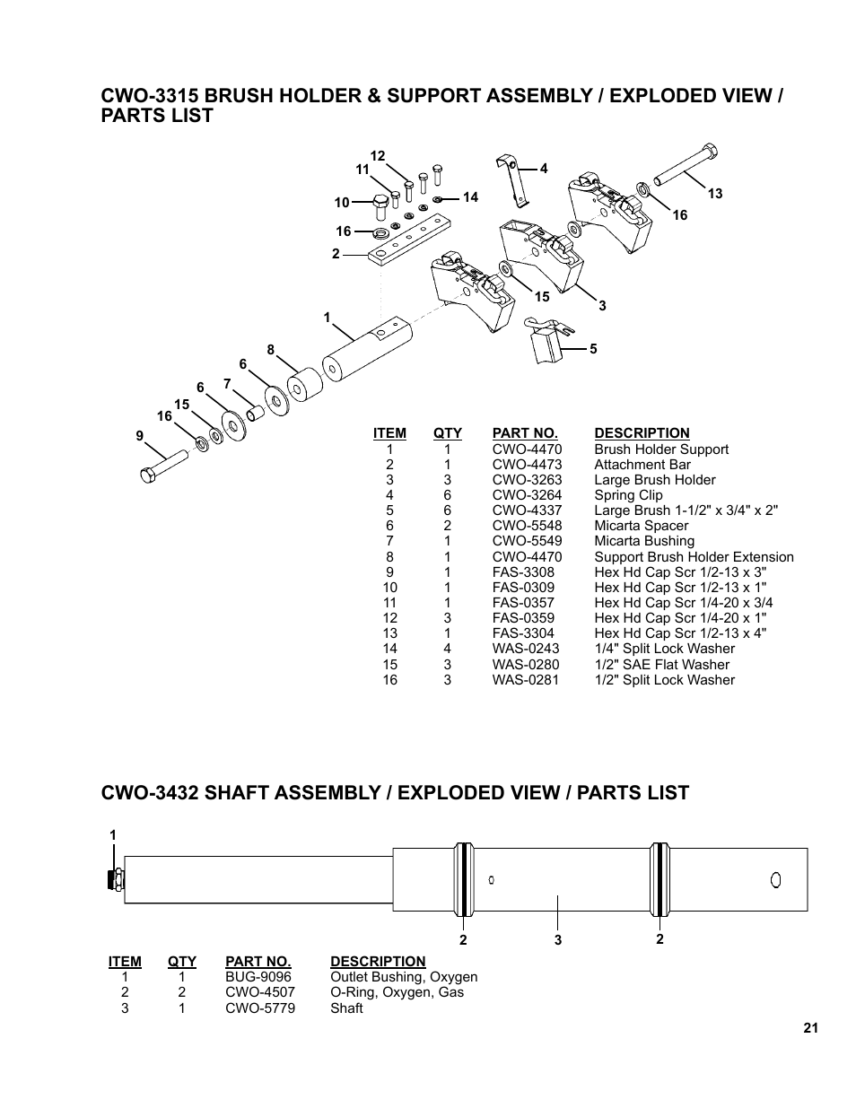 Cwo-3315 brush holder & support assembly, Cwo-3432 shaft assembly | BUG-O Systems CWP-11 User Manual | Page 21 / 47