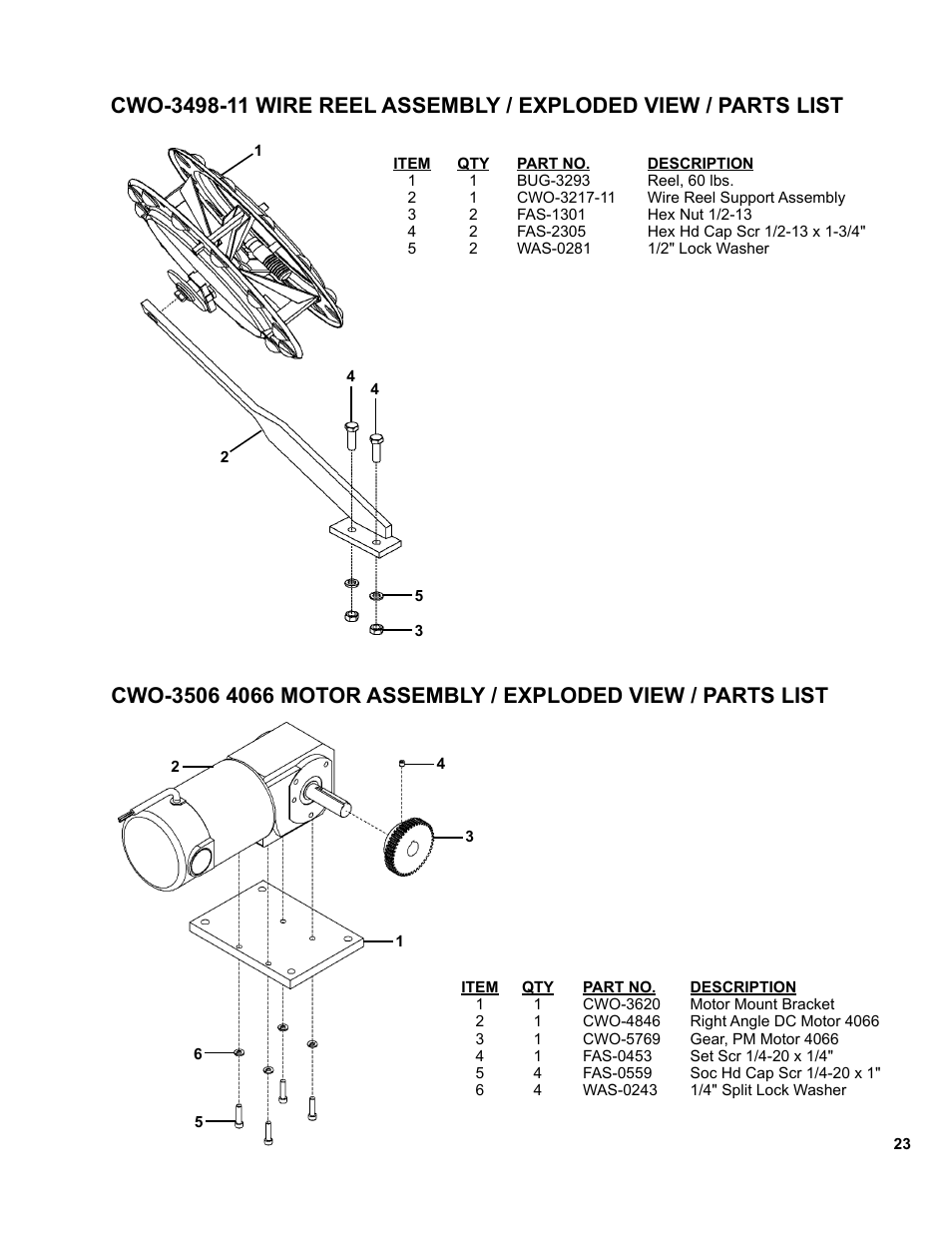 Cwo-3498-11 wire reel assembly, Cwp-3506 4066 motor assembly | BUG-O Systems CWP-11 User Manual | Page 23 / 47
