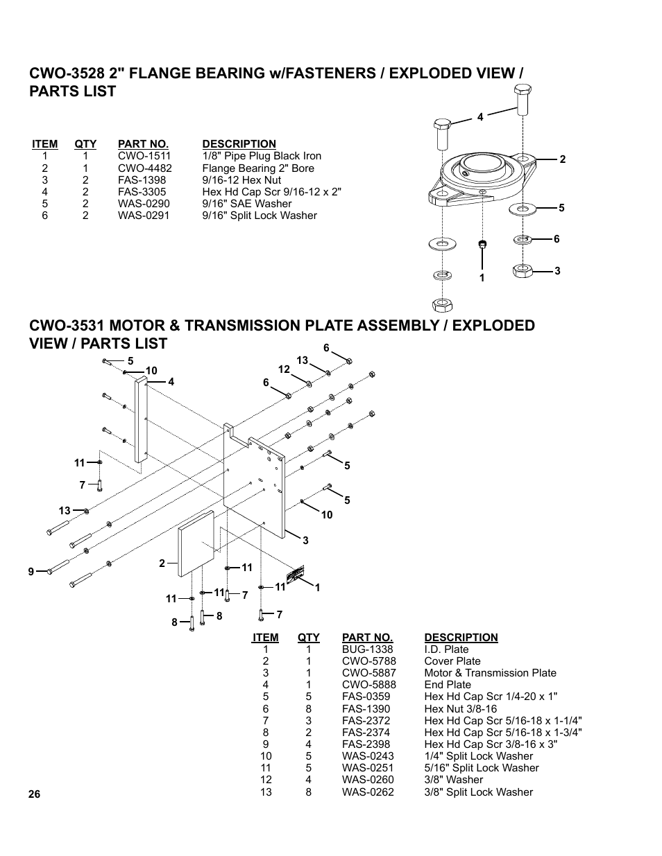 Cwo-3528 2" flange bearing w/fasteners, Cwo-3531 motor & transmission plate assembly | BUG-O Systems CWP-11 User Manual | Page 26 / 47