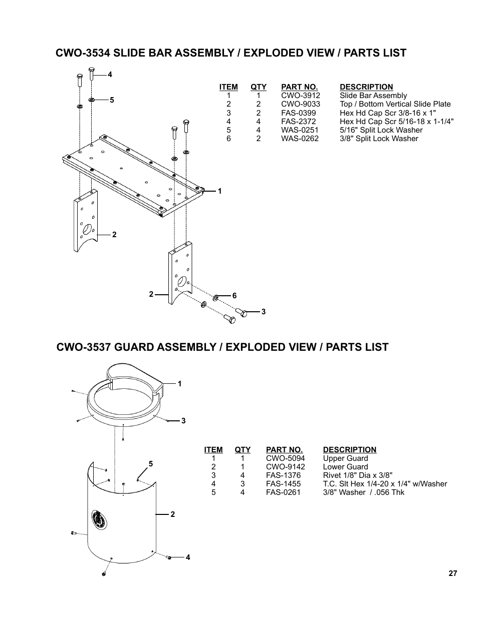 Cwo-3534 slide bar assembly, Cwo-3537 guard assembly | BUG-O Systems CWP-11 User Manual | Page 27 / 47
