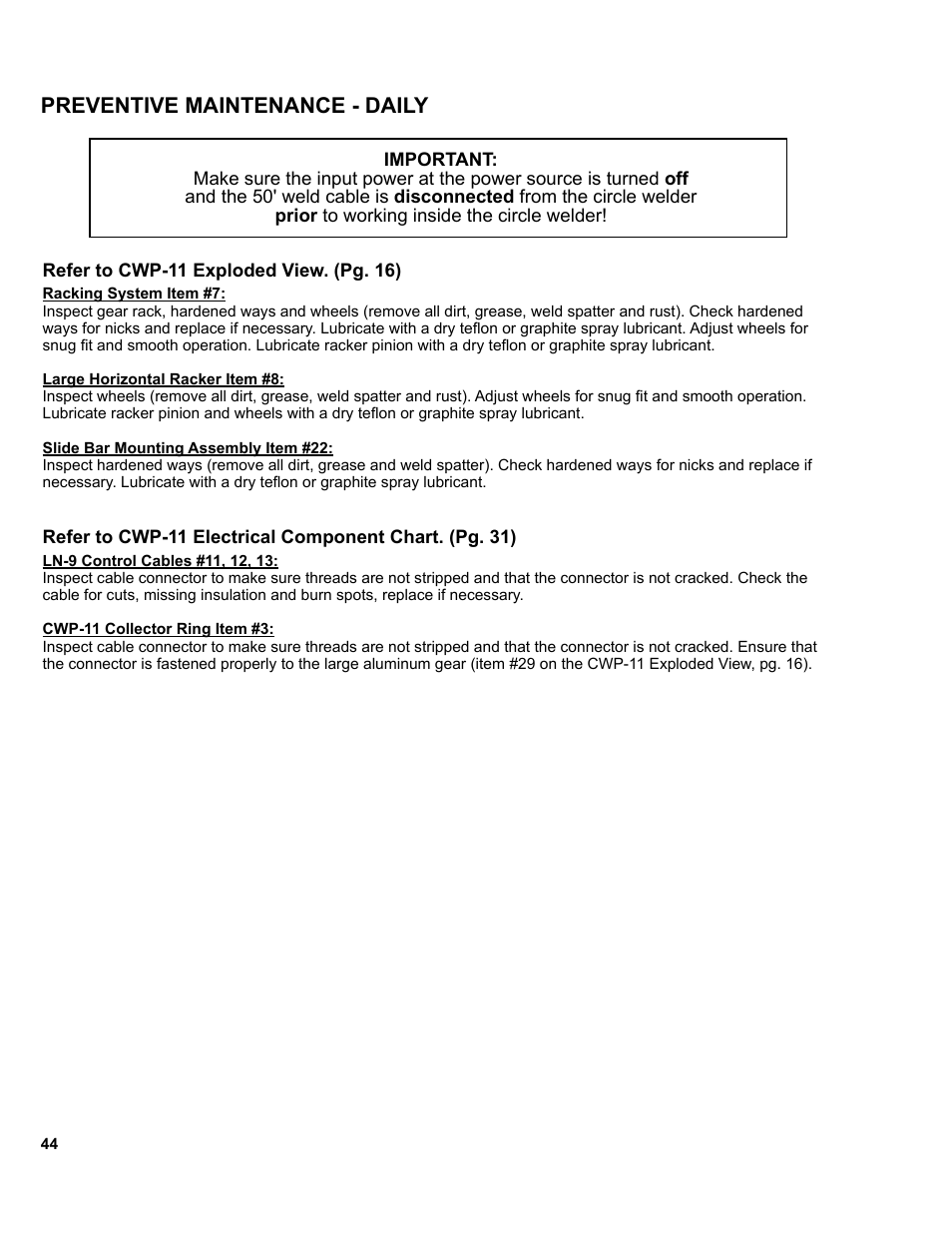Preventive maintenance guidelines, Preventive maintenance - daily | BUG-O Systems CWP-11 User Manual | Page 44 / 47
